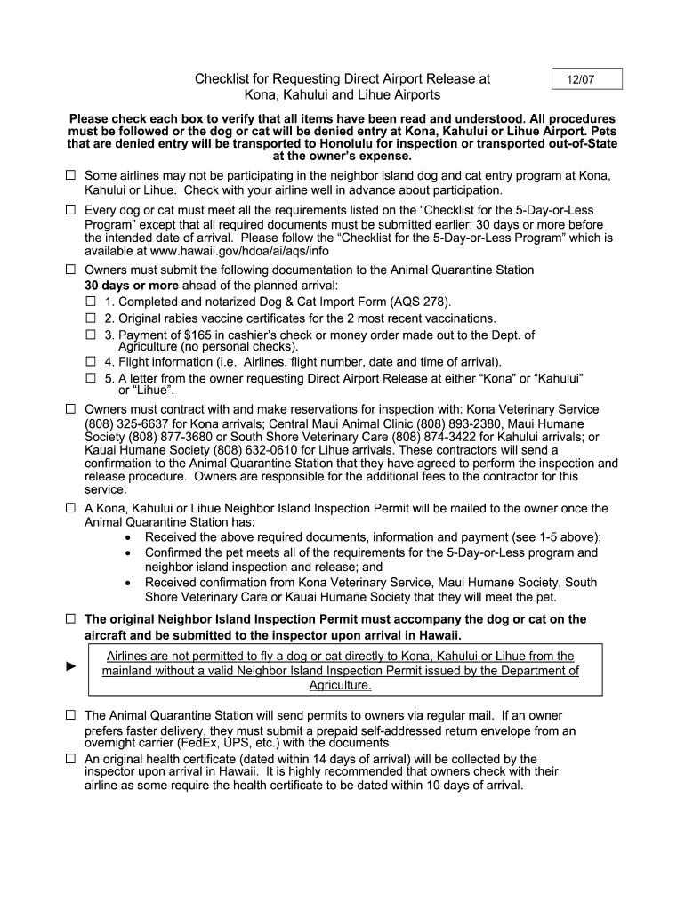  Hawaii Neighbor Island Inspection Permit Form 2007