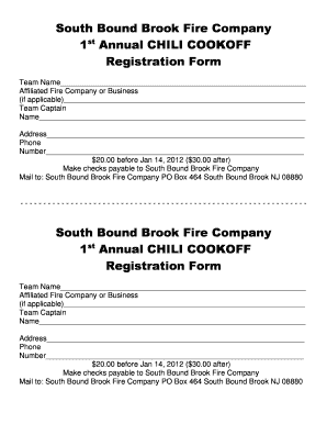 South Bound Brook Fire Department Chili Cook off Form