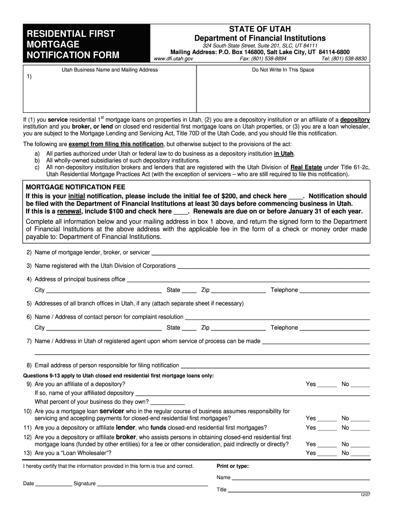  Utah Residential First Mortgage Notification  Form 2007