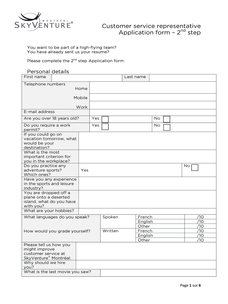 Customer Service Representative Application    SkyVenture Montr Al  Form