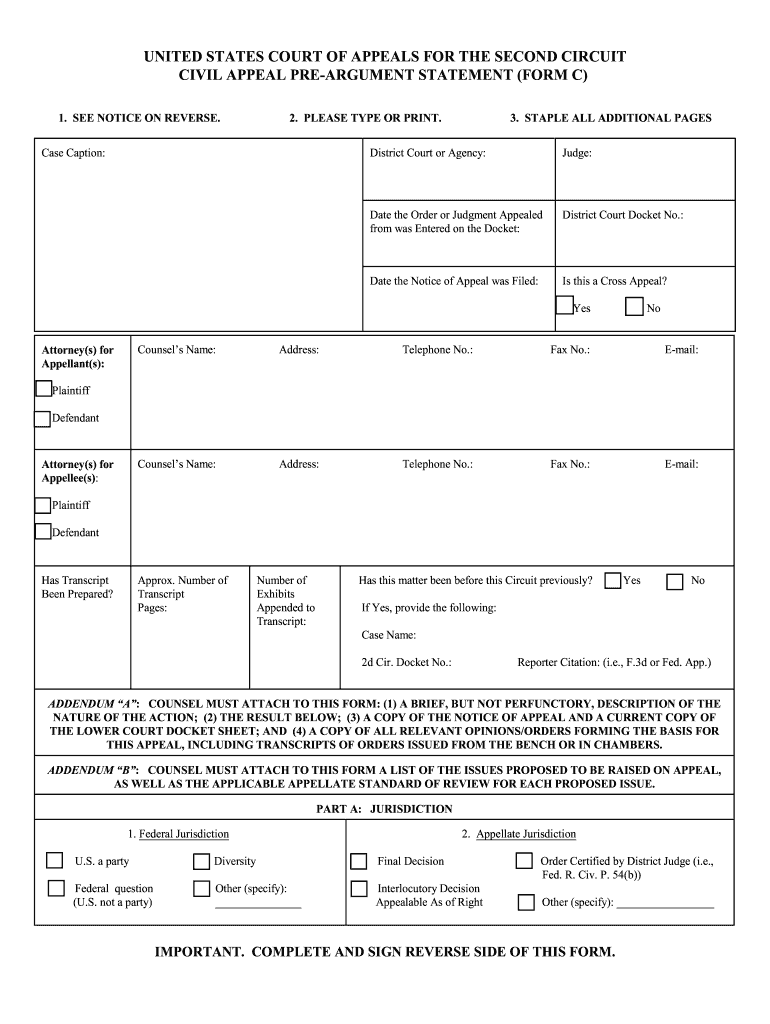 UNITED STATES COURT of APPEALS for the SECOND CIRCUIT CIVIL APPEAL PRE ARGUMENT STATEMENT FORM C Ca2 Uscourts