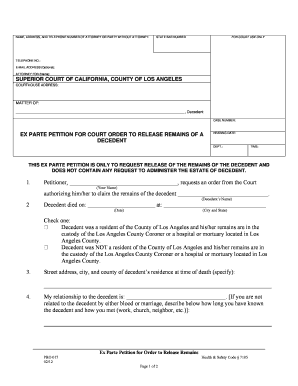 Ex Parte Petition for Court Order to Release the Remains of a Decedent  Form