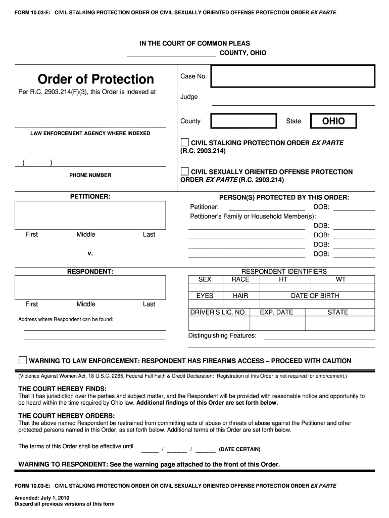  Ohio Civil Protection Order Forms 2010-2024