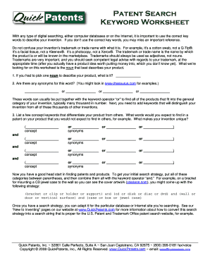 Patent Search Worksheet Sample with Key Terms and Synonyms PDF  Form