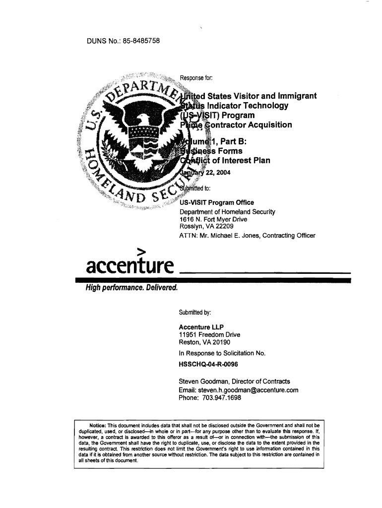 US VISIT Prime Contractor Acquisition, Volume 1, Part B , Business    Dhs  Form