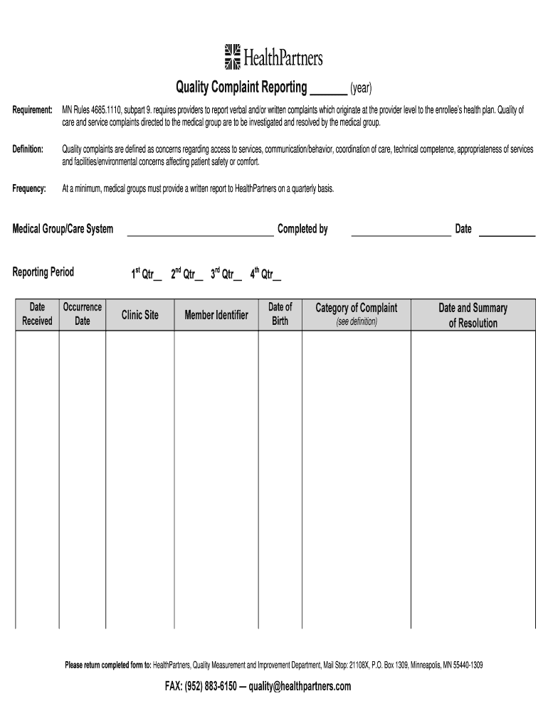 Health Partners Quality Complaint Reporting Form