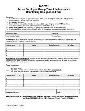 Active Employee Life Insurance Beneficiary Designation Form