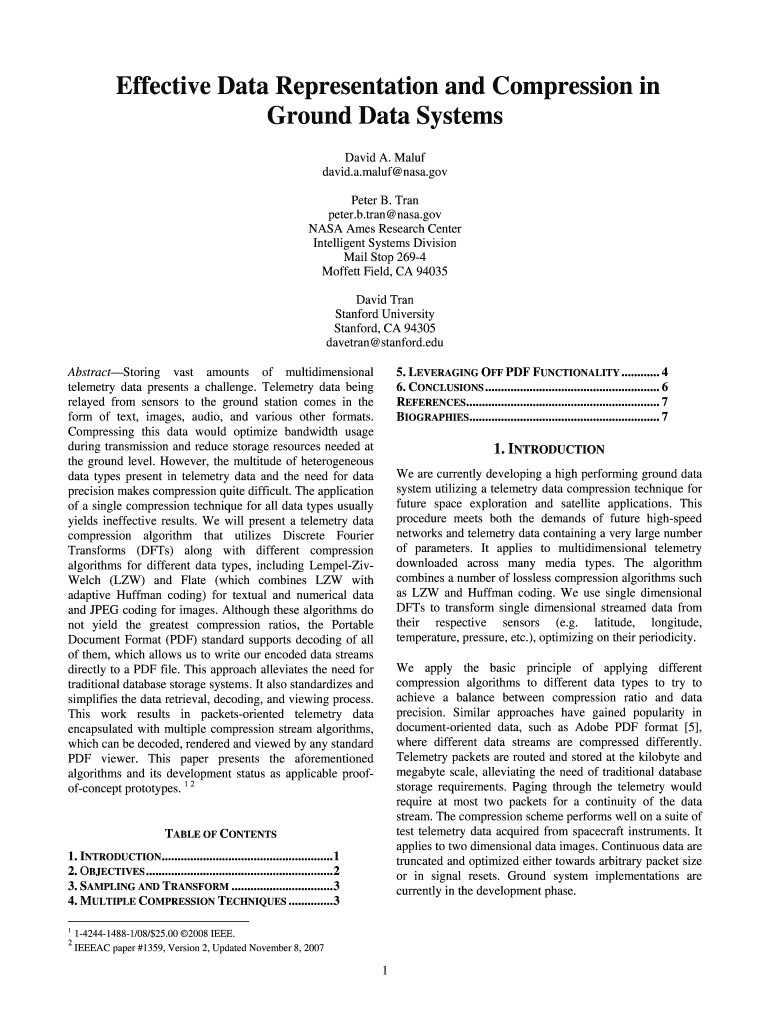 Effective Data Representation and Compression in Ground Data Systems  Ti Arc Nasa  Form