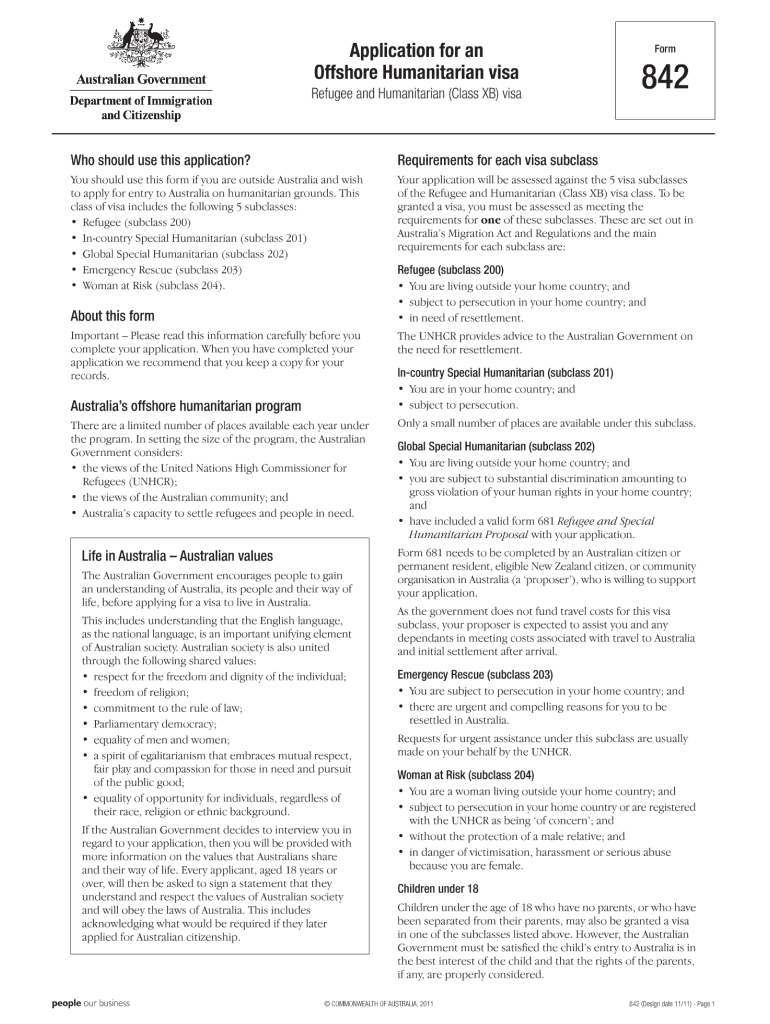  Australian Humanitarian Visa Form 842 2014