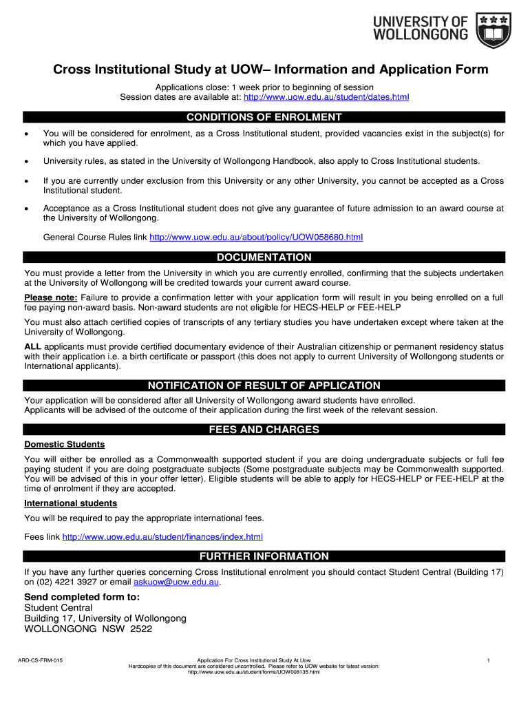 Application for Cross Institutional Study at UOW  Form