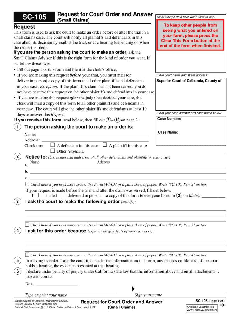 Sc 105 Request for Court Order and Answer Form