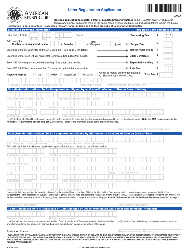 Akc Litter Registration  Form