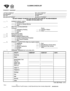 Real Estate Closing Checklist Template  Form