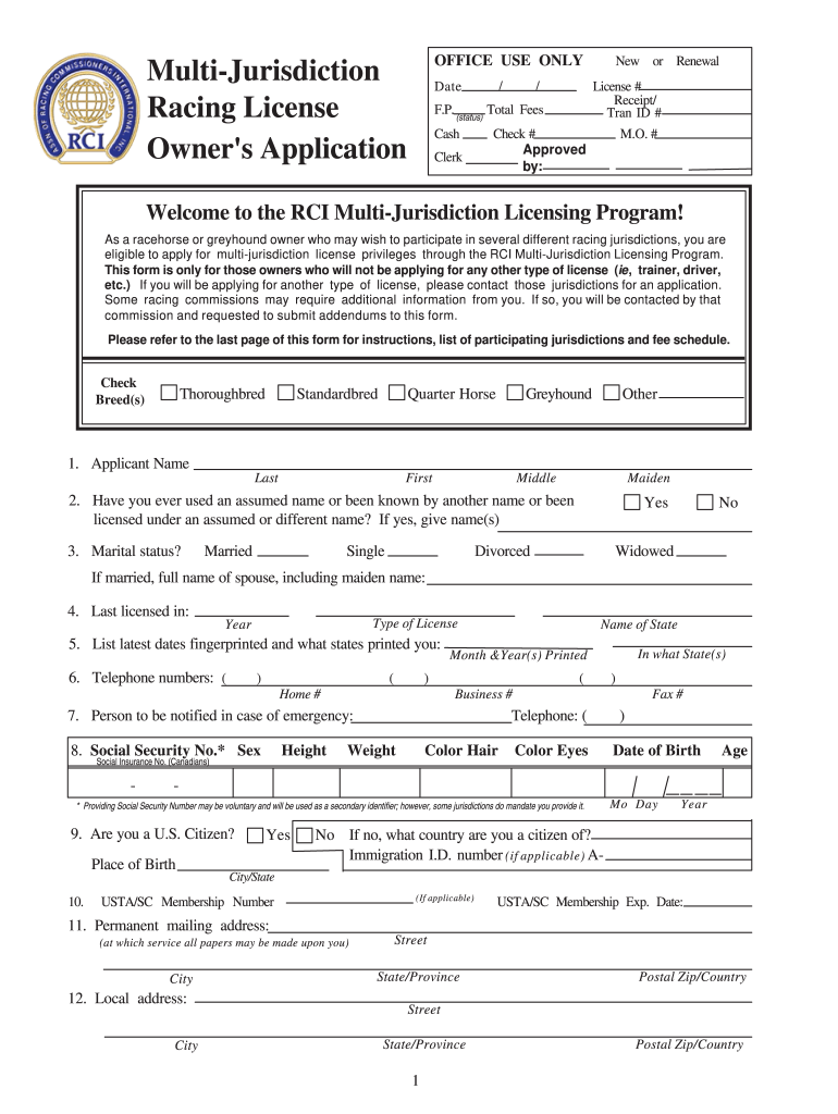 Horse Racing License  Form
