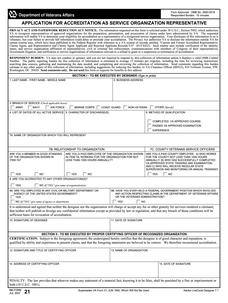 APPLICATION for ACCREDITATION as SERVICE ORGANIZATION  Va  Form