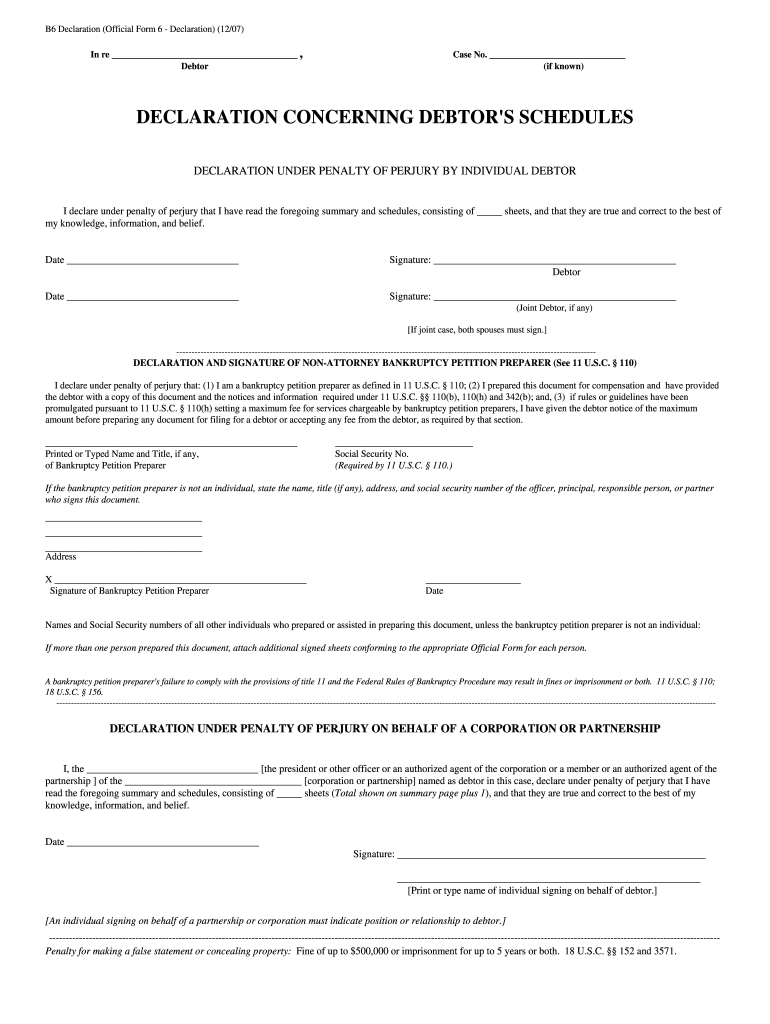 Declaration Concerning Debtors Schedules Form