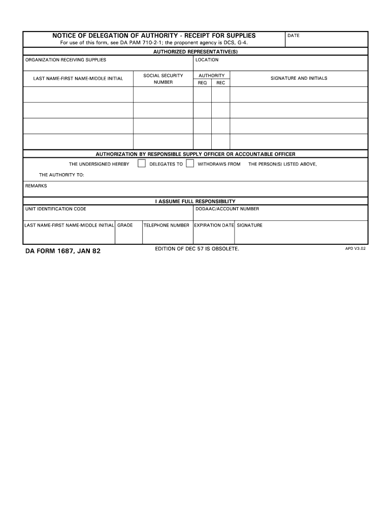  Da Form 1687 Jan 82 1982 1982