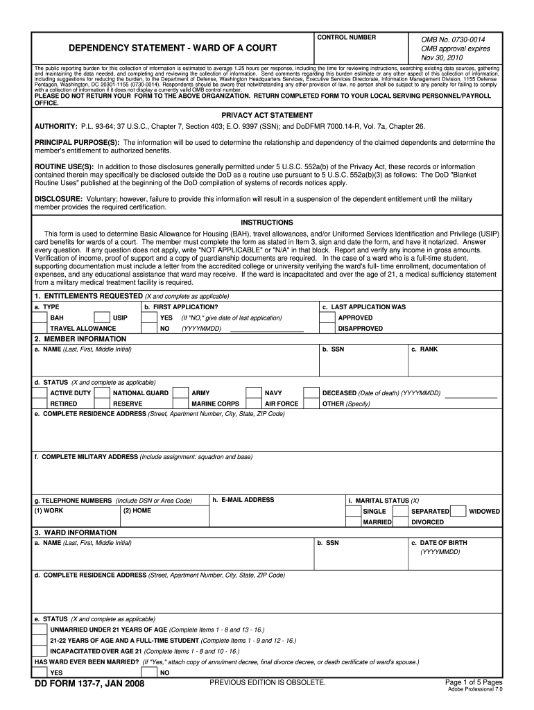  Dd Form 137 7 2008-2024