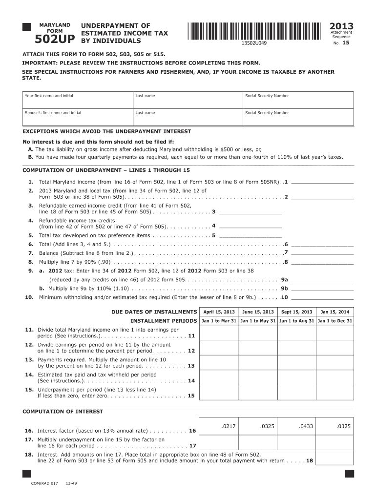  Maryland and Underpayment of Estimated Income Tax by Individuals Form 2013