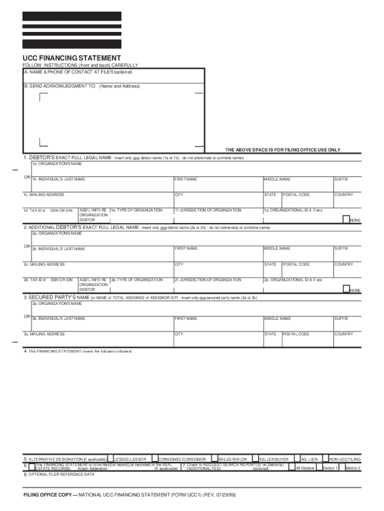  Ucc 1 Financing Statement Fillable Form 1998