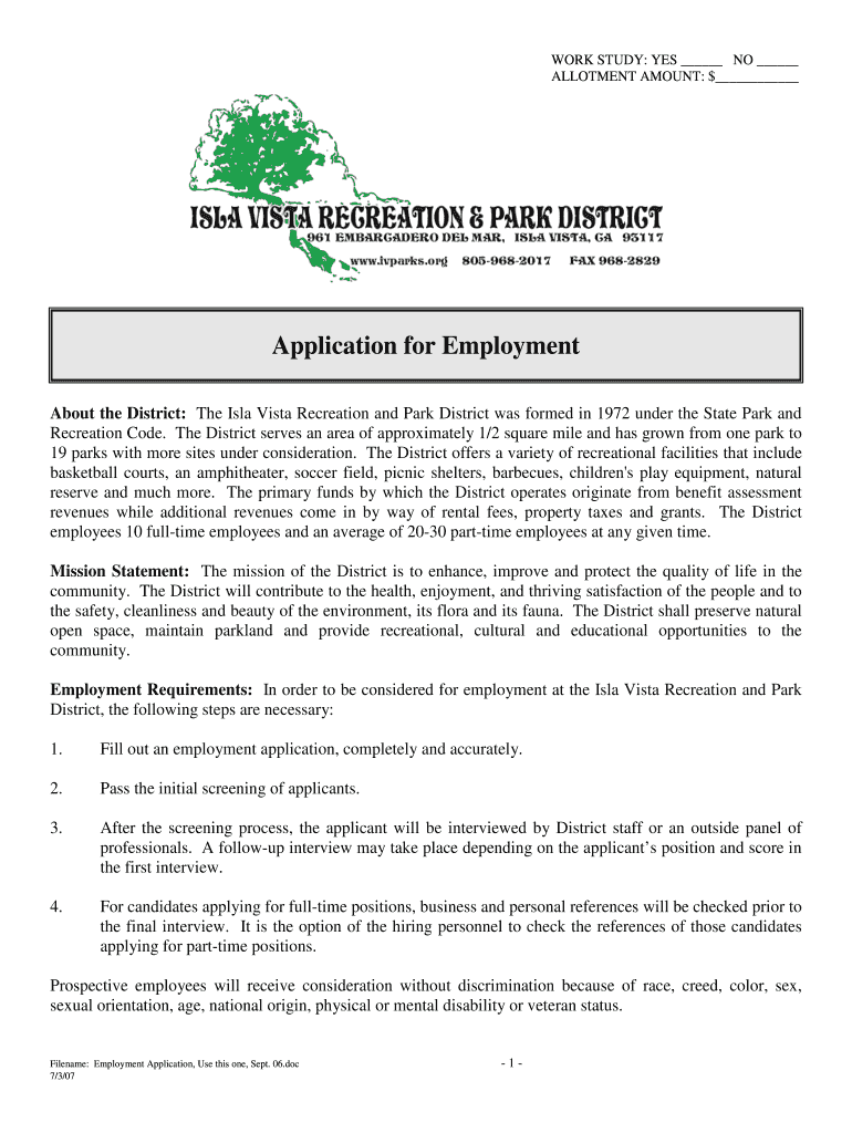 Employment Application, Use This One, Sept 06 DOC  Ivparks  Form