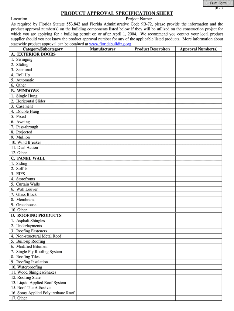 Florida Product Approval Sheets  Form
