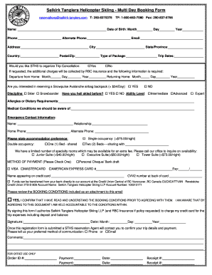 Selkirk Tangiers Helicopter Skiing Multi Day Booking Form