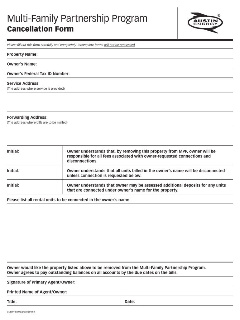 Multi  Family Partnership Program Cancellation Form  Austin Energy