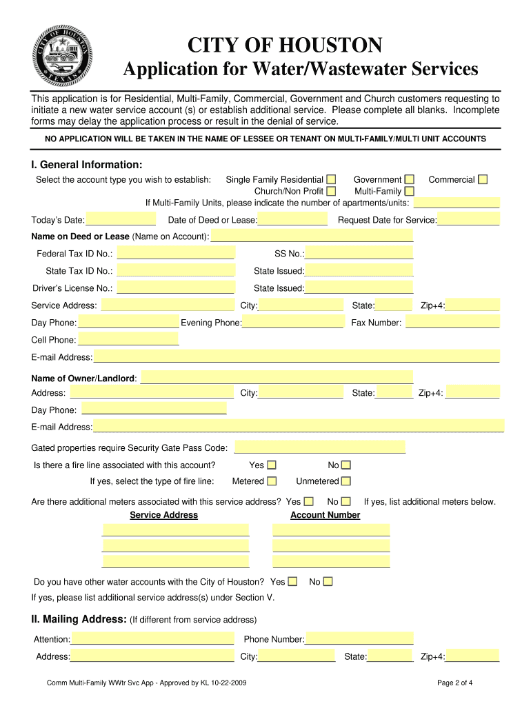 City of Houston Water Application for Water and Wastewater Services  Form