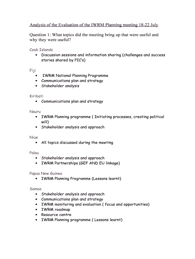 Analysis of the Evaluation of the IWRM Planning Meeting 18 22 J Pacificwater  Form