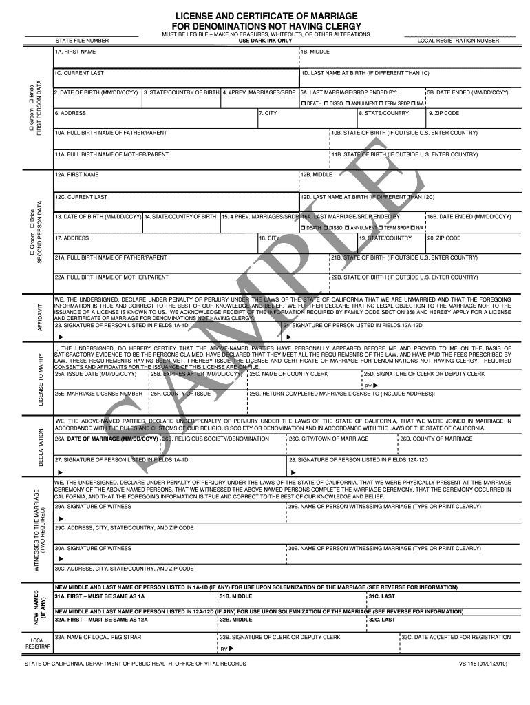 License and Certificate of Marriage California Vs115 Form
