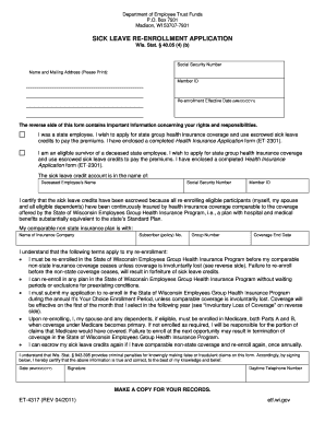 ET 4317 Sick Leave Re Enrollment Application ETF Etf Wi  Form