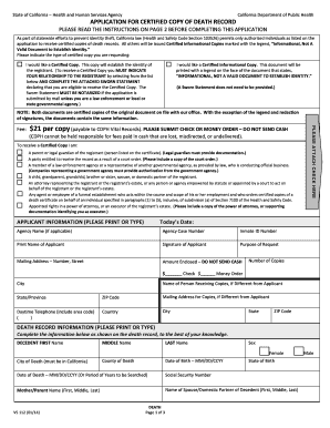 State of California Application for Certified Copy of Death Record Form