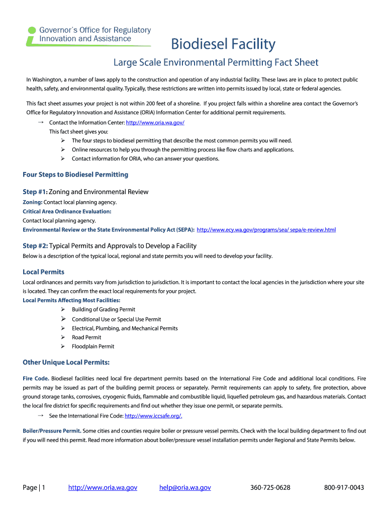 BioDiesel Facility Commercial Environmental Permitting Fact Sheet Ora Wa  Form