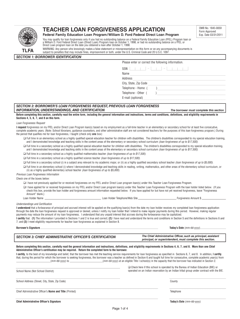  Teacher Loan Forgiveness Application Fillable Form 2011