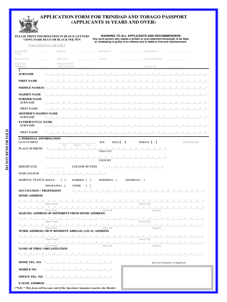 Trinidad Passport Renewal Form under 16