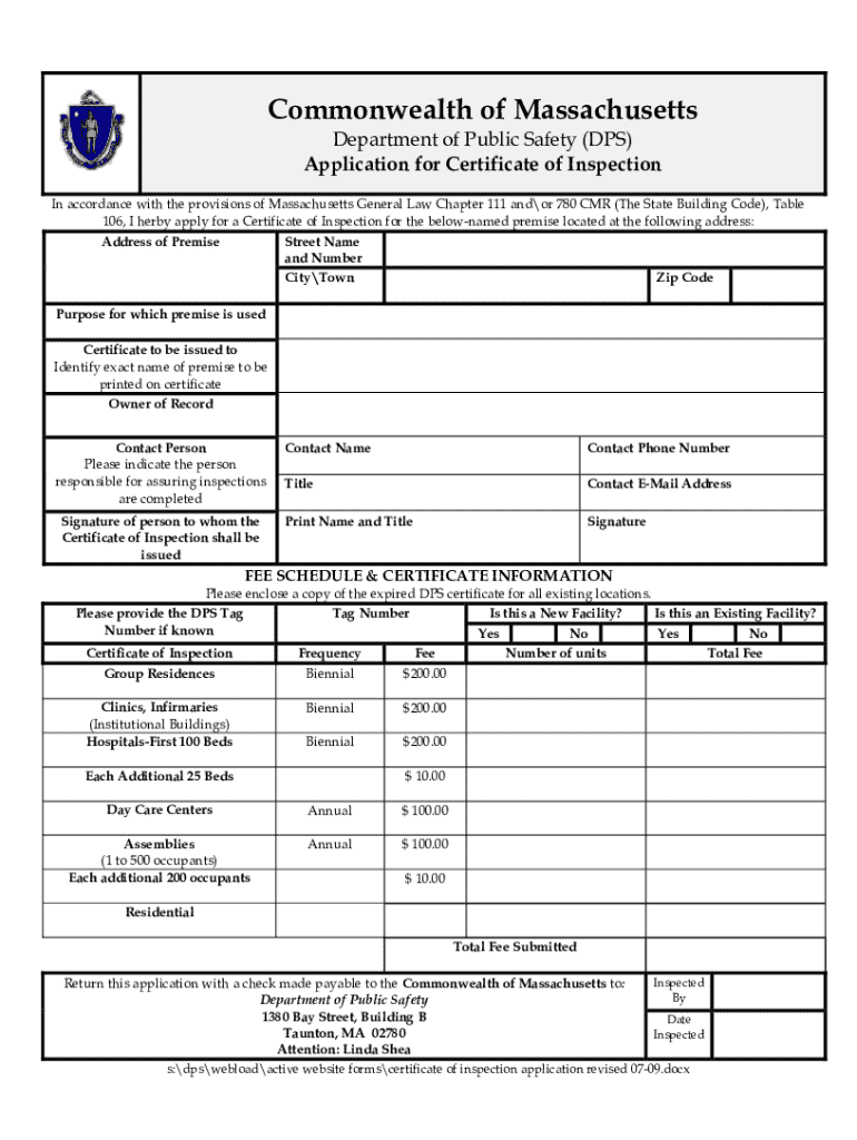  Town of Wareham Health Department Certificate of Inspection Application 2009-2024