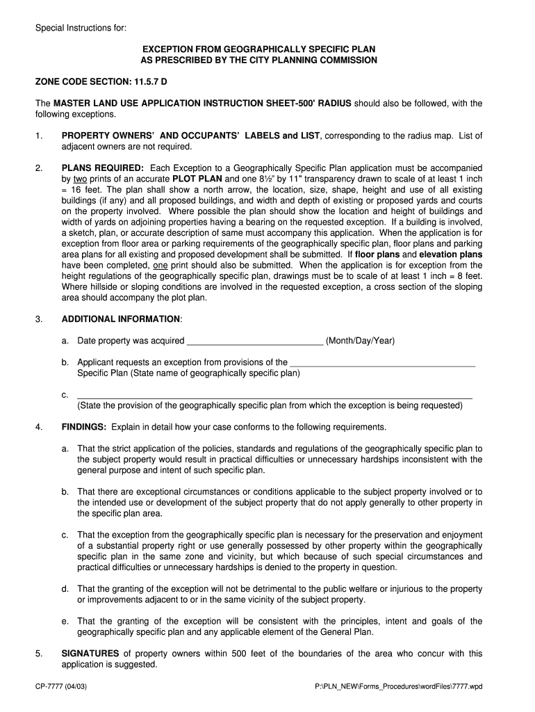 Exception from Geographically Specific Department of City Planning Cityplanning Lacity  Form