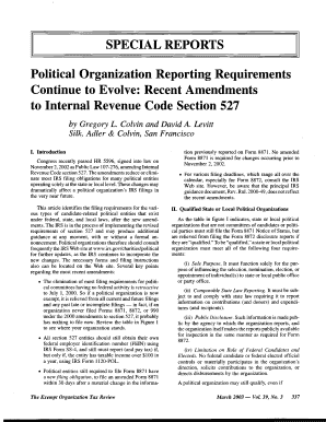 SPECIAL REPORTS Political Organization Reporting Requirements  Form