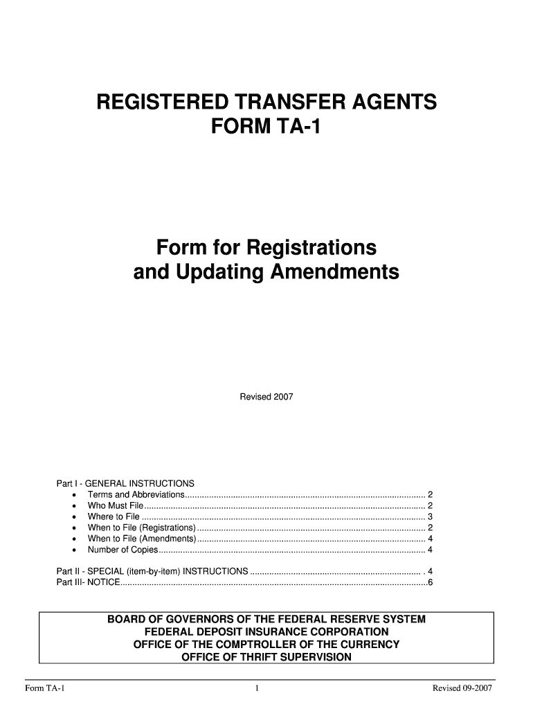 REGISTERED TRANSFER AGENTS FORM TA 1 Form for Ffiec