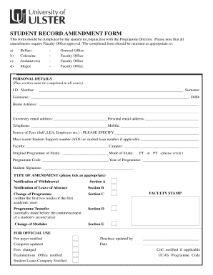 STUDENT RECORD AMENDMENT FORM University of Ulster Ulster Ac