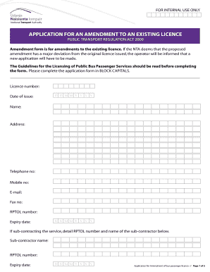 APPLICATIOn for an AmendmenT to an ExISTInG LICenCe Nationaltransport  Form