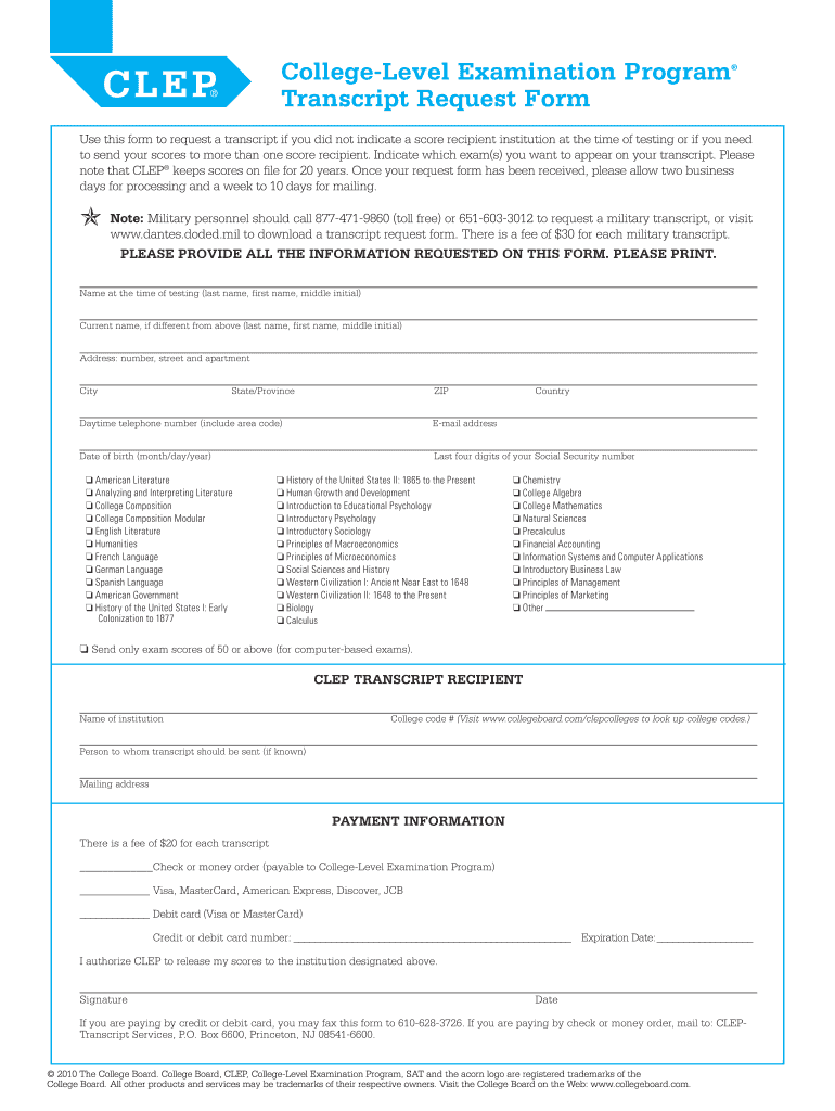 Get and Sign Clep Transcript  Form 2010