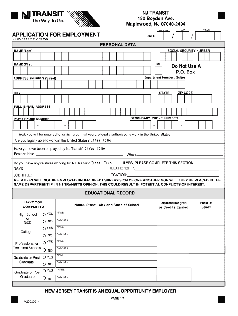Get and Sign New Jersey Transit Job Application 2002-2022 Form