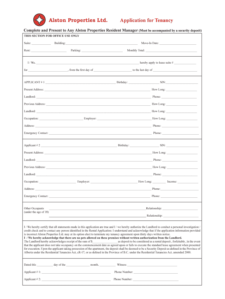 Alston Properties Ltd Application for Tenancy  Form