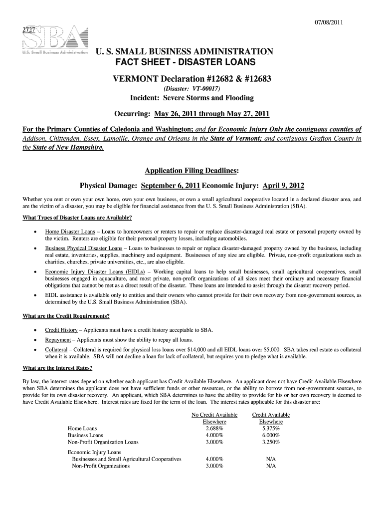 Factsheet for Vermont # 12682  SBA  Sba  Form