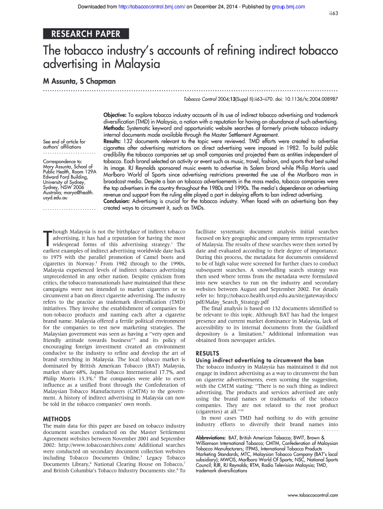 The Tobacco Industry&#039;s Accounts of Refining Tobacco Control  Form