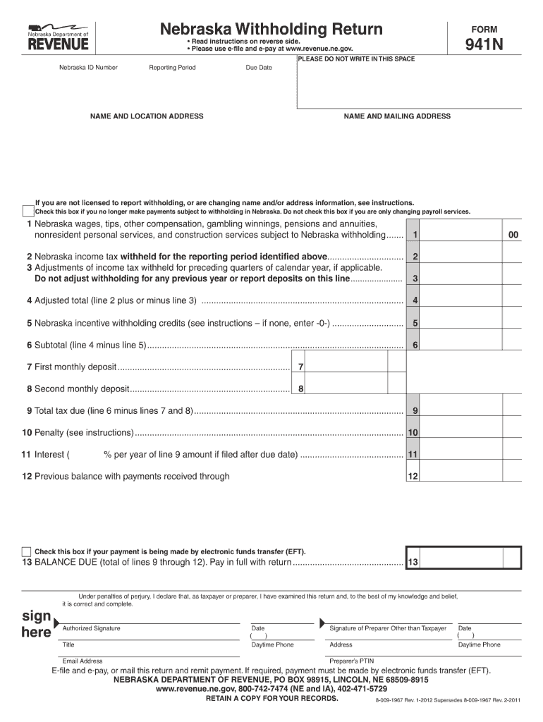  Nebraska Withholding Return 941n Form 2020