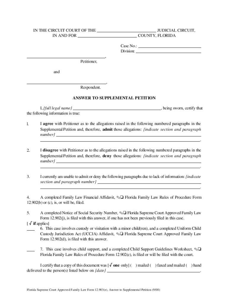 Answer to Supplemental Petition for Modification of Child Support  Form