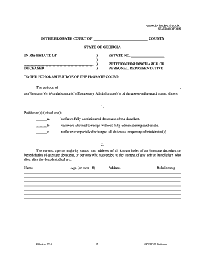 Template of a Completed Petition to Discharge of Personal Representative in Ga  Form